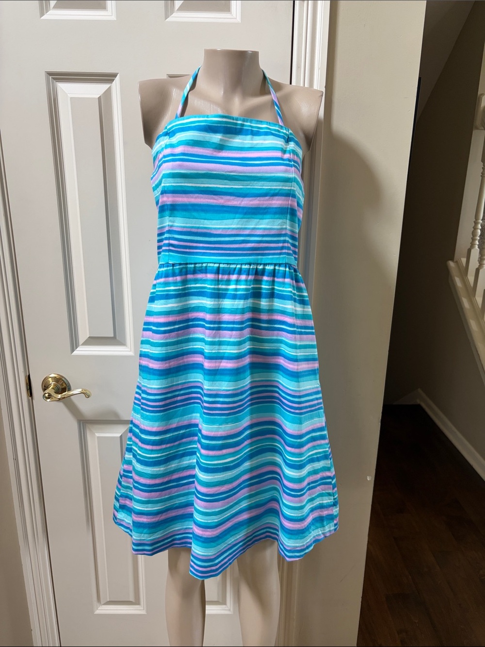 Garnet Hill Turquoise, Blue & Pink Striped Halter/Strapless Dress, 6